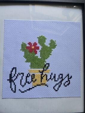 Free Hugs Cross Stitch Cactus with Red Flower